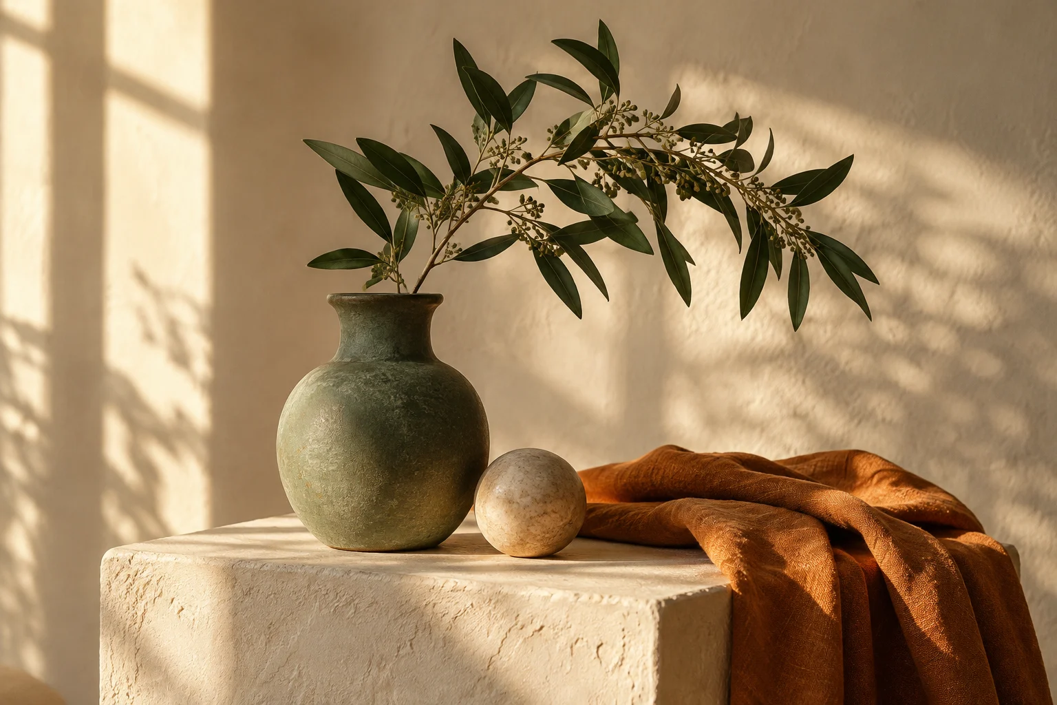 Studio sample: ceramic vase, branch and linen in warm natural light